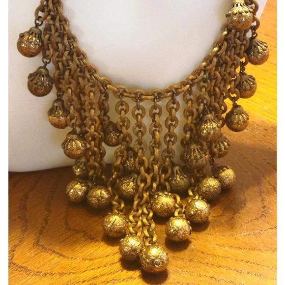 Unsigned Miriam Haskell Heavy Gold Chain Filigree Ball Dangle Tassel Jewelry